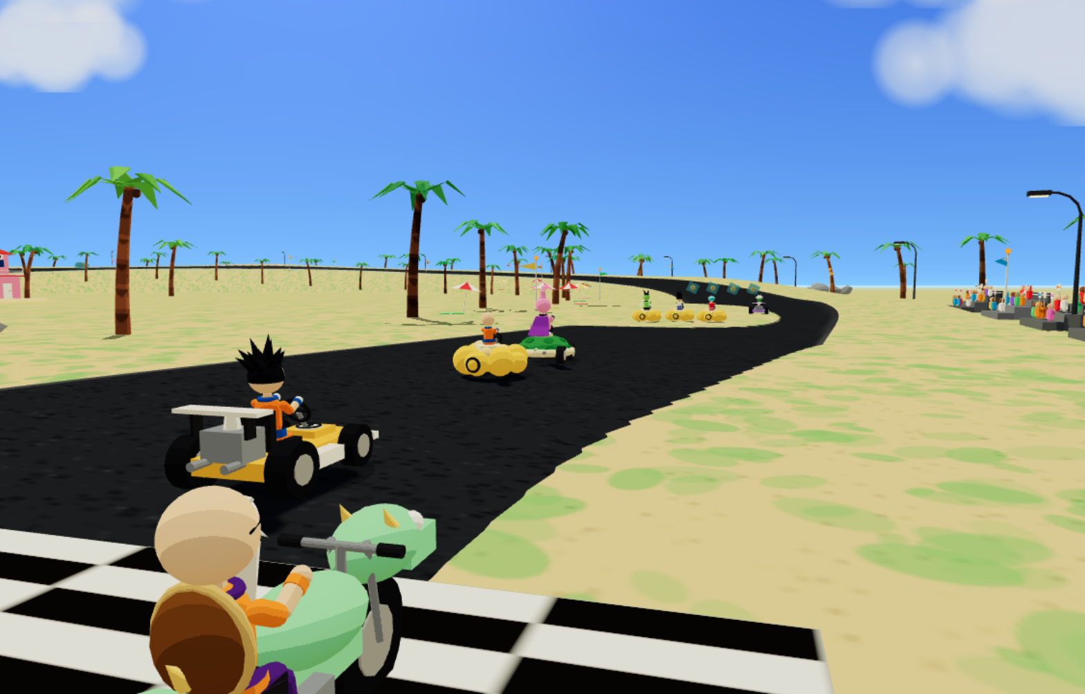 A pack of cartoon karts bursts off the start line of a sunlit beach circuit, spiky-haired racers leaning into the first corner.