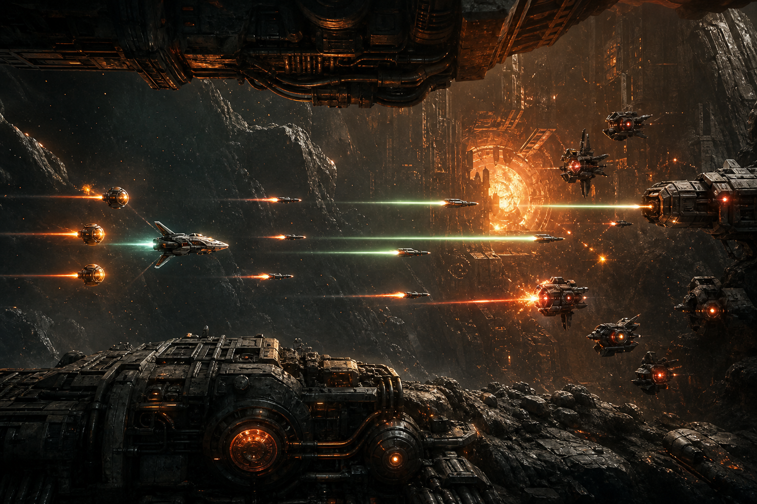 A side-view craft and three orange follower orbs thread a fiery megastructure rift.