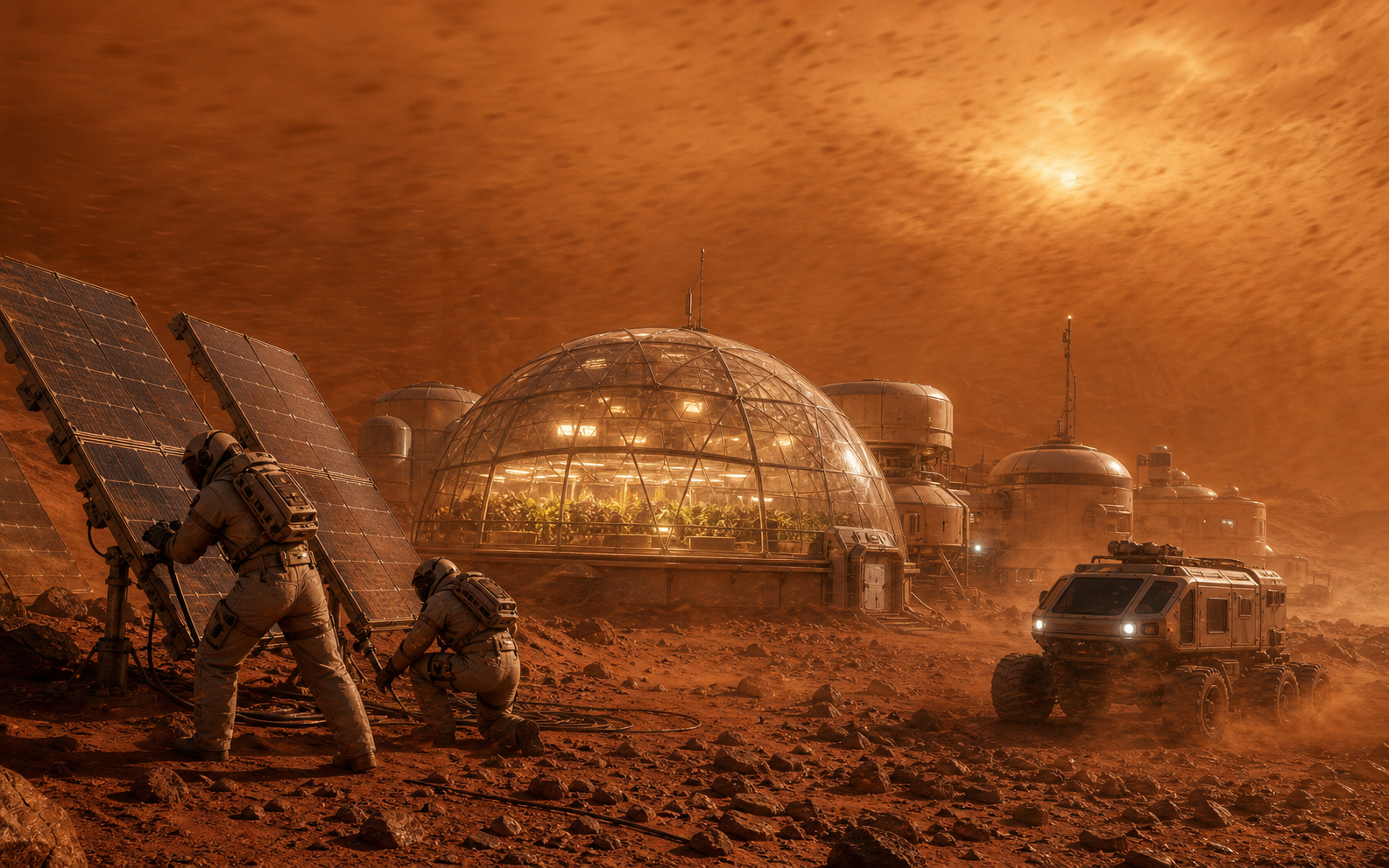 Colonists secure solar arrays beside greenhouse domes in a Martian storm.