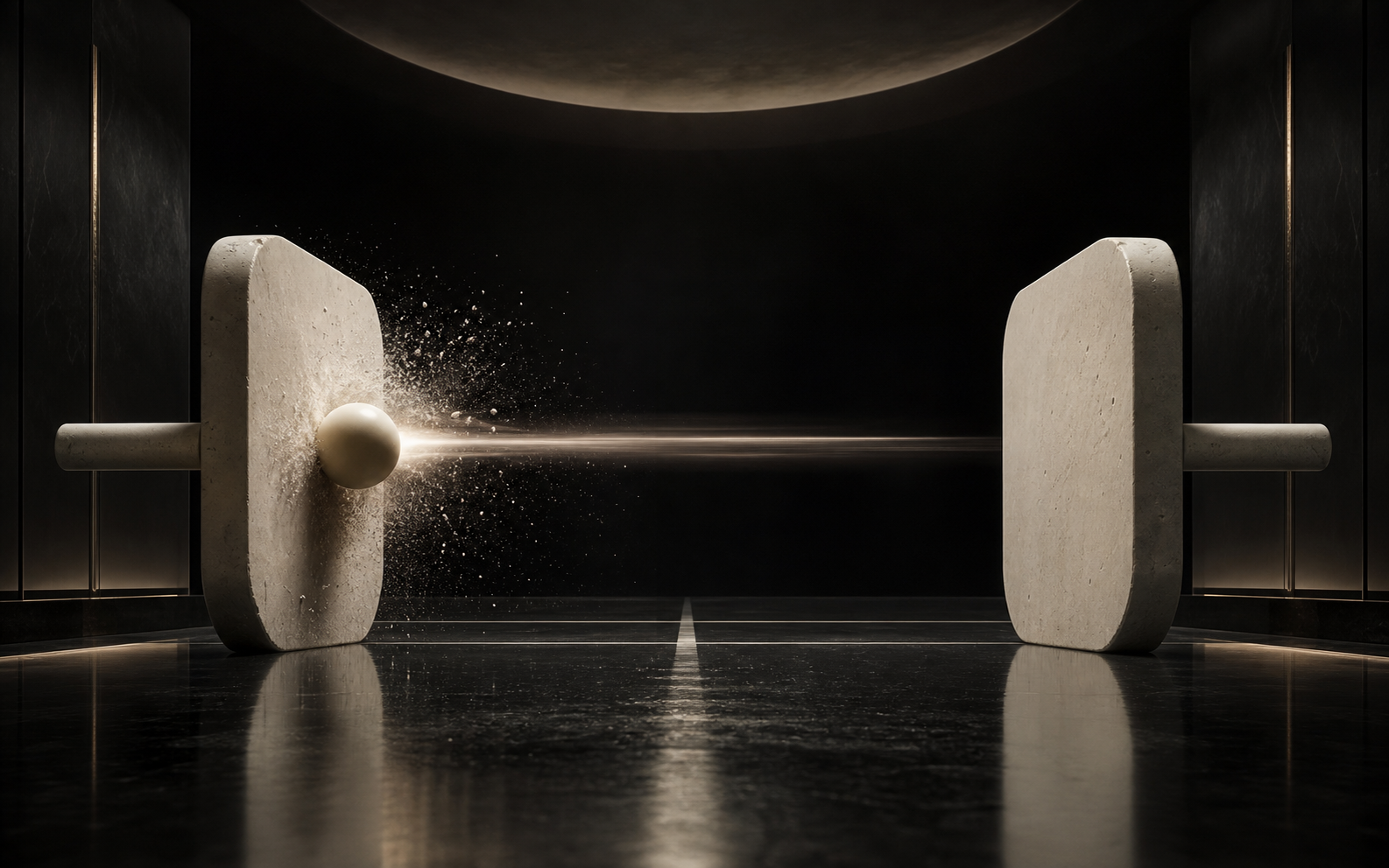 Stone paddles and an ivory ball hover in a black architectural sports chamber.